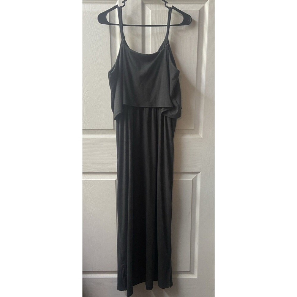 Zenana Strappy Layered  Long Maxi Sundress Size XL Black V Neck Stretchy Ribbed